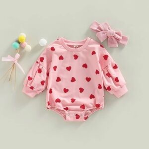 Pink Baby Onesie with Bell Sleeves & Red Hearts